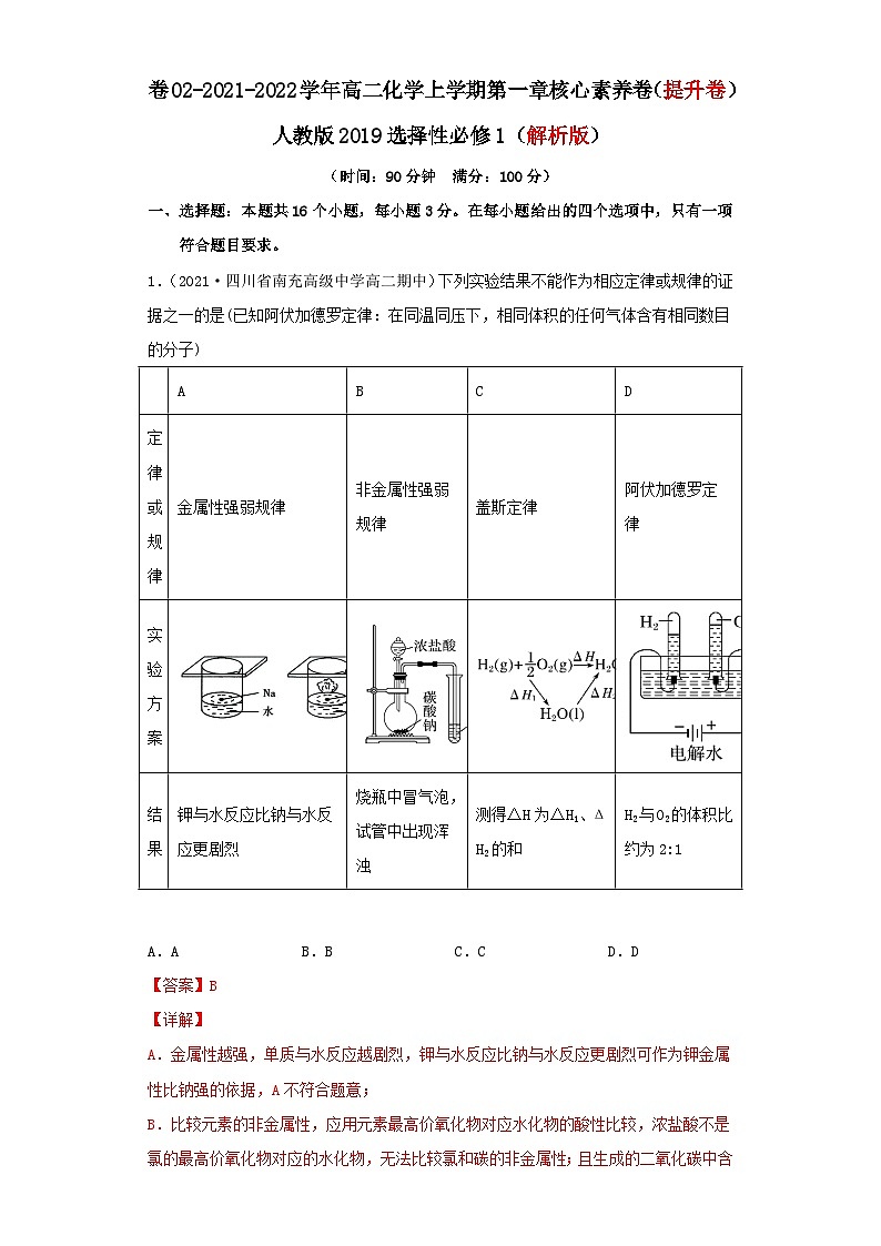 第一章 化学反应的热效应-2021-2022学年高二化学上学期期末检测核心素养卷（人教版2019选择性必修1）（提升卷）（解析版）01