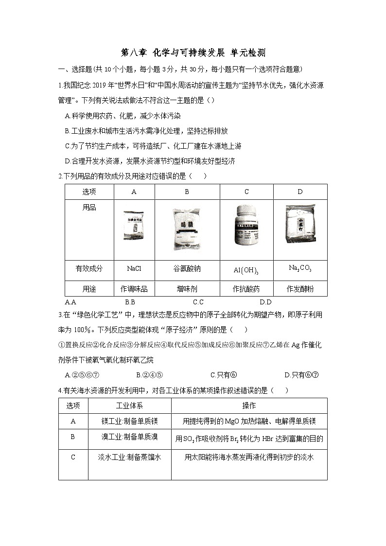 第8章化学与可持续发展 章末测试-【新教材】2020-2021学年人教版（2019）高中化学必修第二册期末复习（含解析）第1页