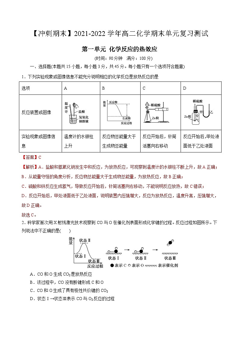 第一单元 化学反应的热效应-【冲刺期末】2021-2022学年高二化学期末单元复习测试（人教版2019选择性必修1）（解析版）第1页