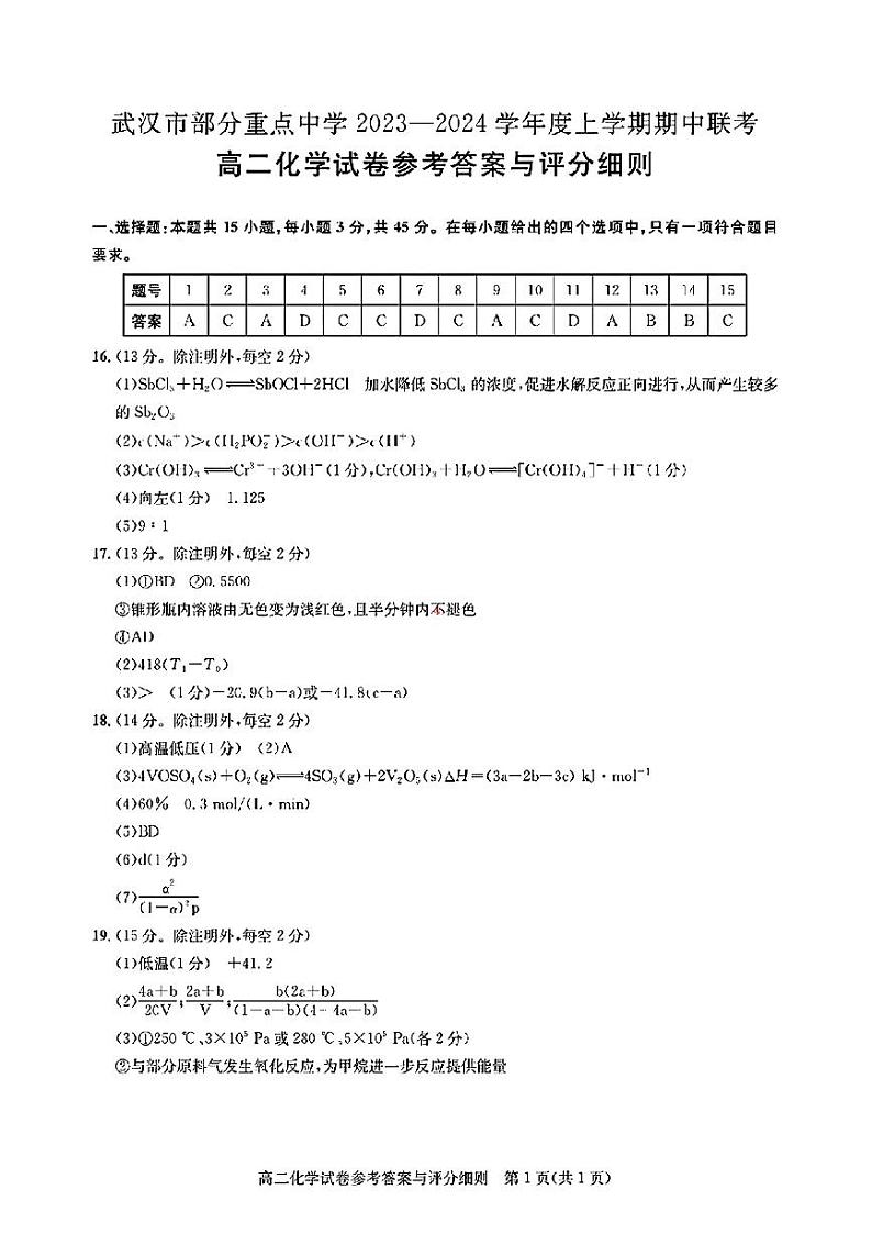 武汉市部分重点中学2023-2024高二上化学期中联考试卷参考答案第1页