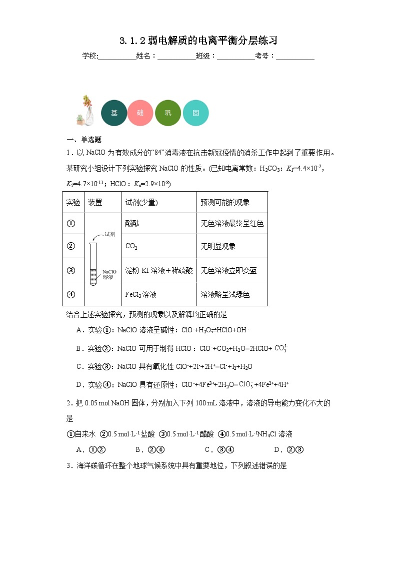 3.1.2弱电解质的电离平衡分层练习-2023-2024学年高二上学期人教版（2019）化学选择性必修1第1页