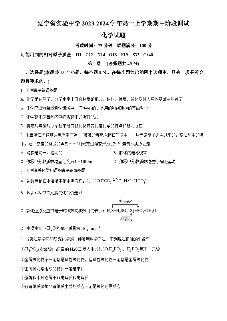 2024辽宁省实验中学高一上学期11月期中考试化学含答案01