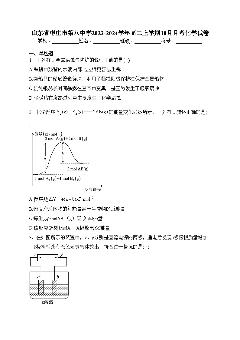 山东省枣庄市第八中学2023-2024学年高二上学期10月月考化学试卷(含答案)第1页