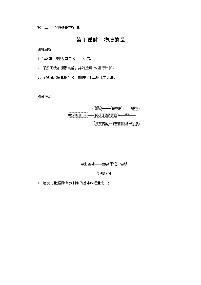 苏教版高中化学必修第一册1-2-1物质的量课时学案含答案01
