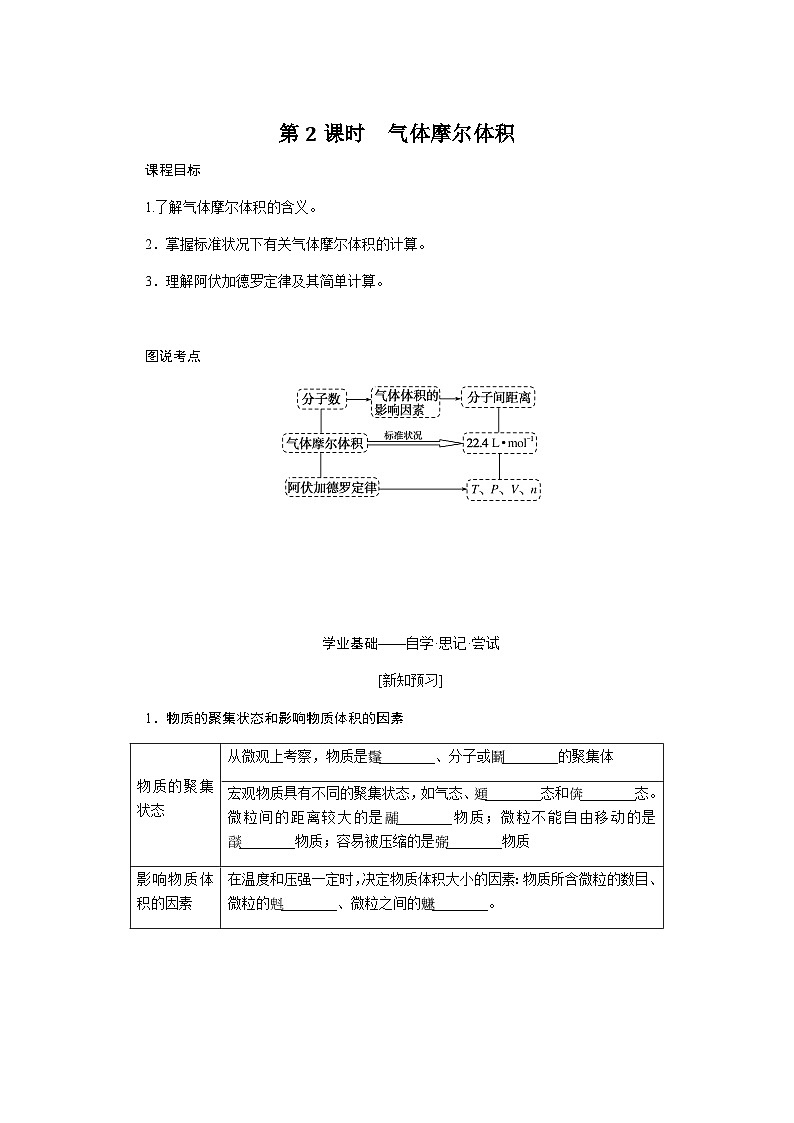 苏教版高中化学必修第一册1-2-2气体摩尔体积课时学案含答案第1页