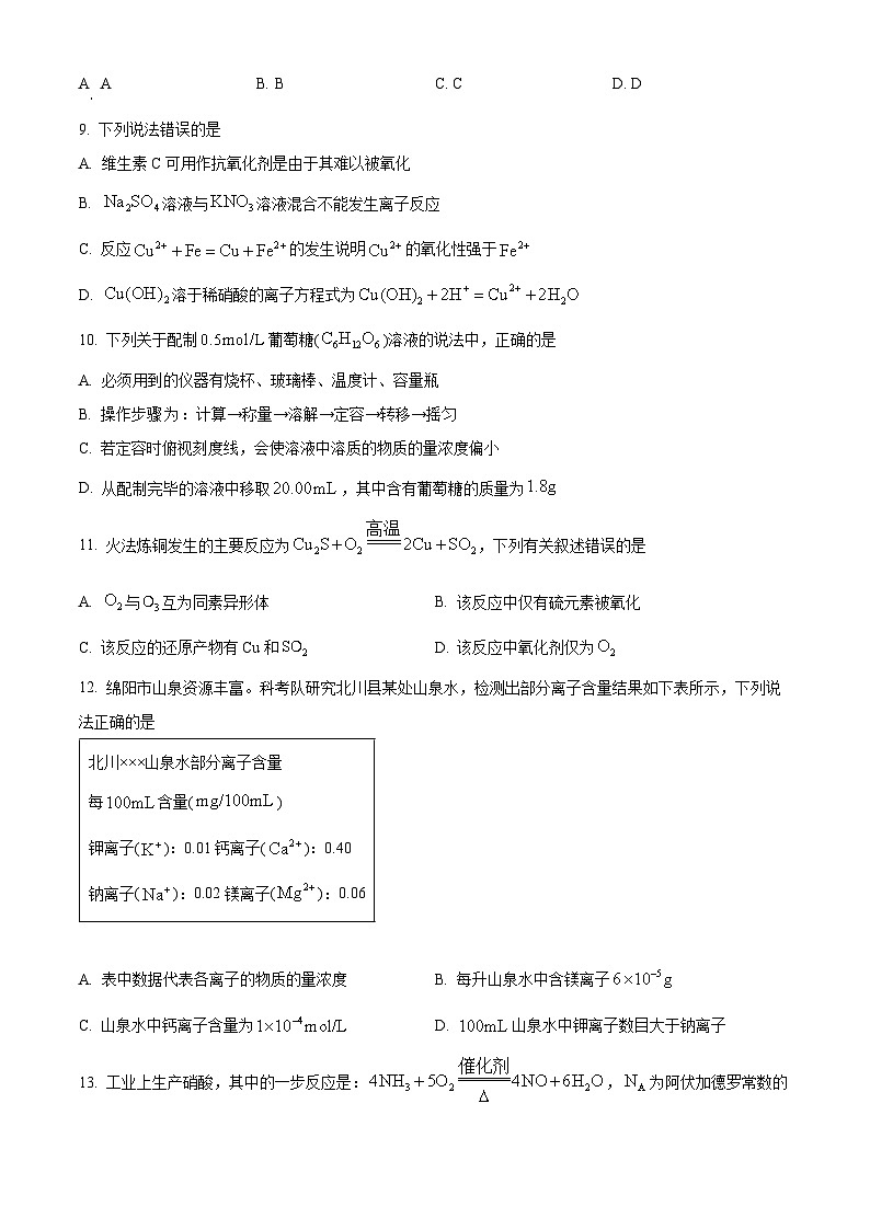 四川省绵阳市2023-2024学年高一上学期期中考试化学试题（解析版）03
