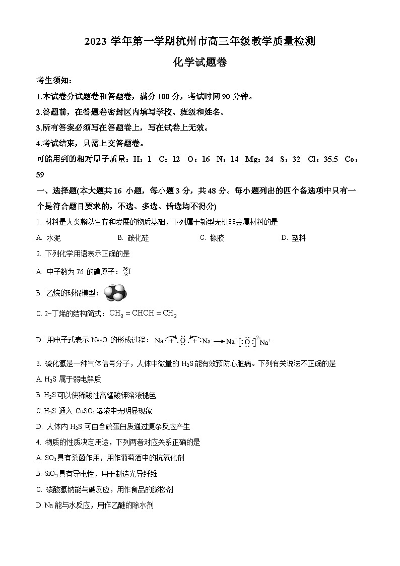 2024杭州高三上学期期中考试（一模）化学试题含解析01