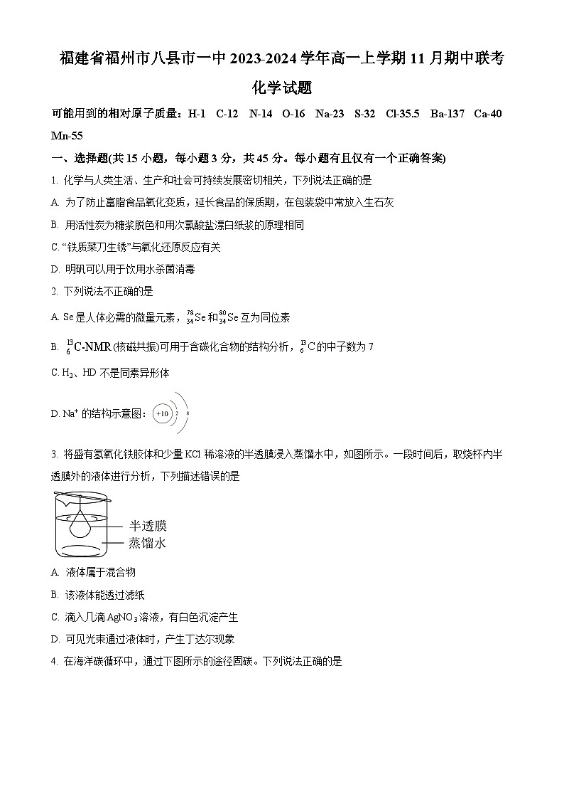 福建省福州市八县市一中2023-2024学年高一上学期期中联考试题+化学（解析版）01