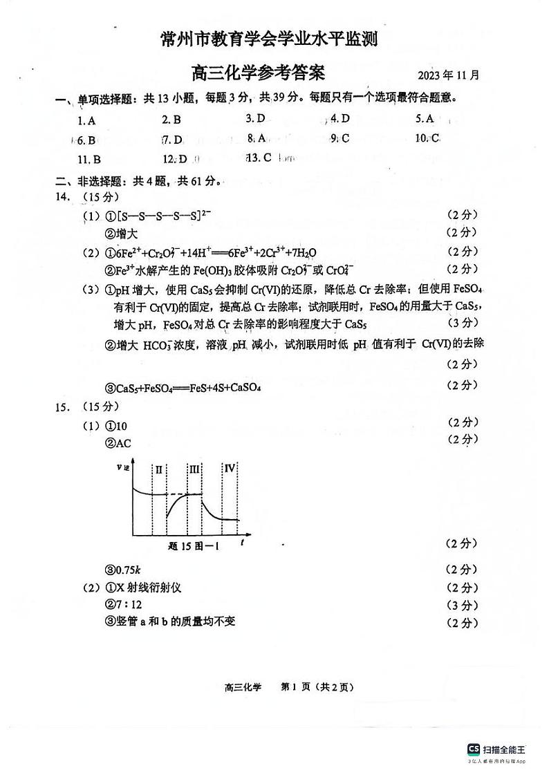 2024常州高三上学期期中学业水平监测化学PDF版含答案01