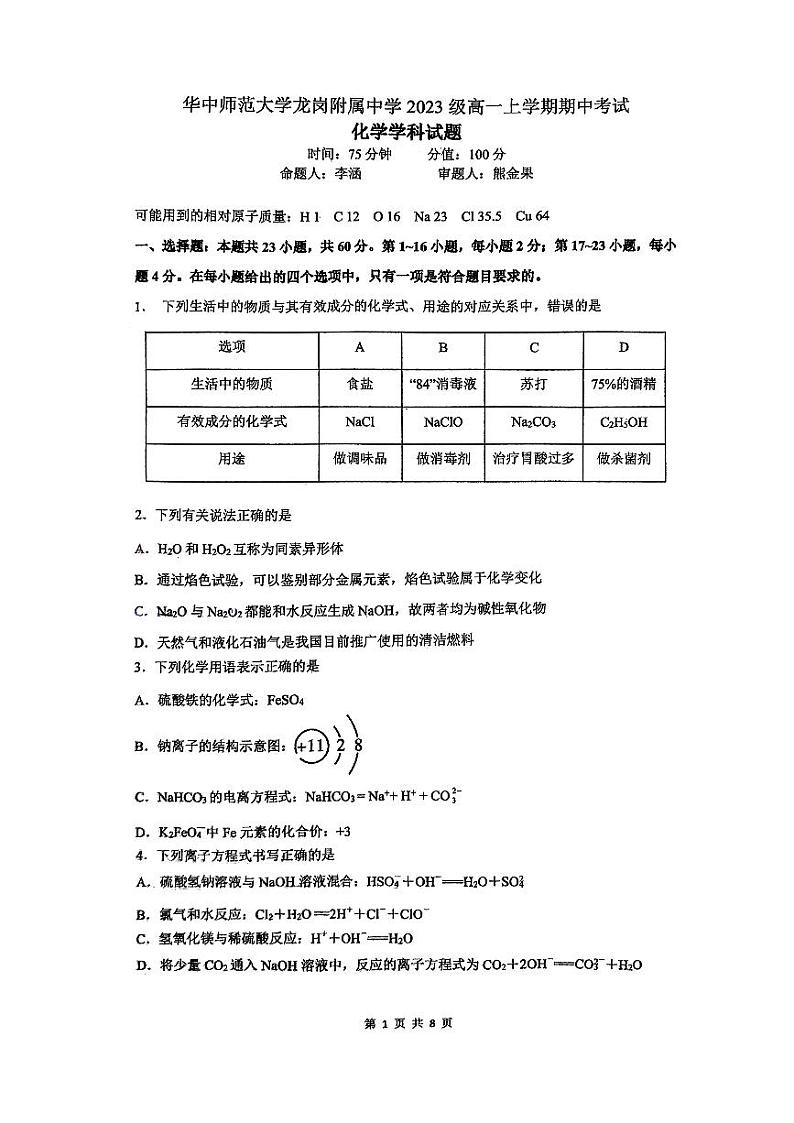 广东省深圳市龙岗区华中师范大学龙岗附属中学2023-2024学年高一上学期期中考试化学试题01