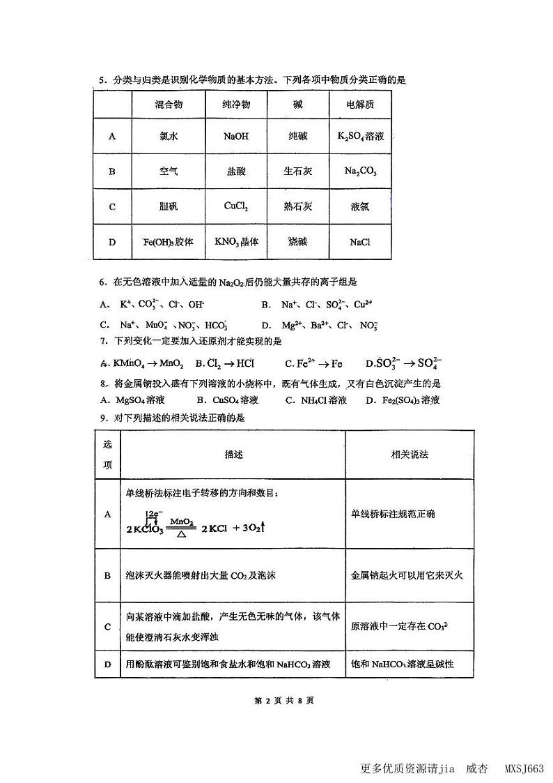 广东省深圳市龙岗区华中师范大学龙岗附属中学2023-2024学年高一上学期期中考试化学试题02