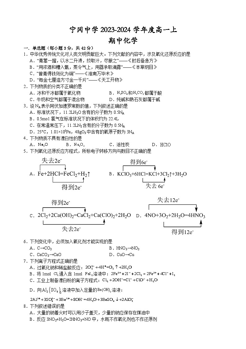 江西省吉安市井冈山市宁冈中学2023-2024学年高一上学期11月期中化学试题01