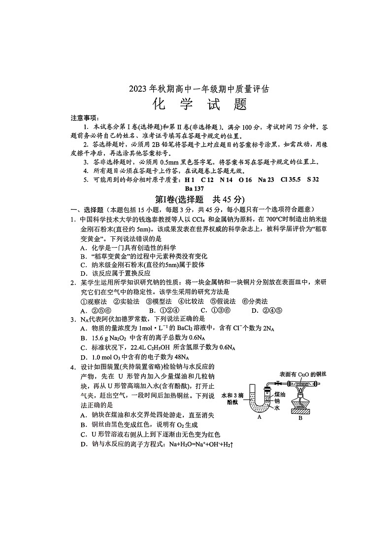 河南省南阳市2023-2024学年高一上学期11月期中化学试题01