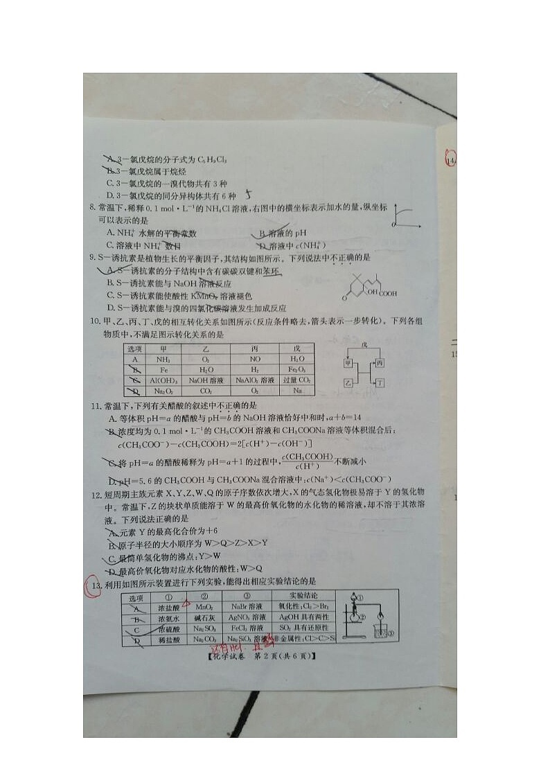 公主岭一中高三化学期末试卷及答案第2页