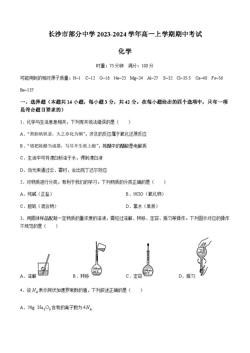 湖南省长沙市部分中学2023-2024学年高一上学期期中考试化学试题（含答案）01