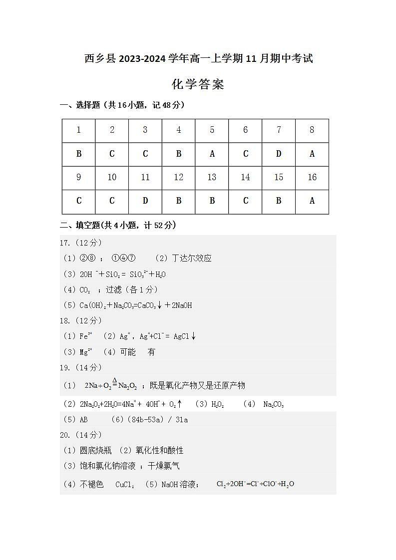 陕西省汉中市西乡县2023-2024学年高一上学期11月期中考试化学试题（含答案）01