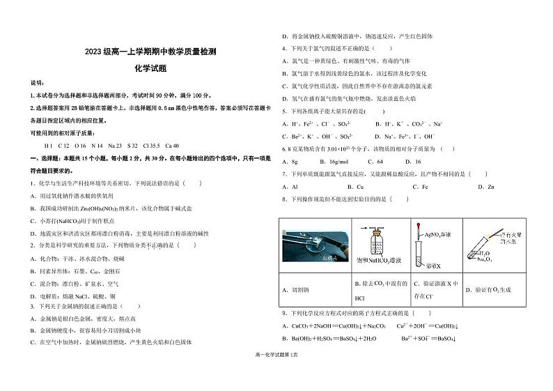 山东省聊城颐中外国语学校2023-2024学年高一上学期期中考试化学试题（PDF版含答案）01