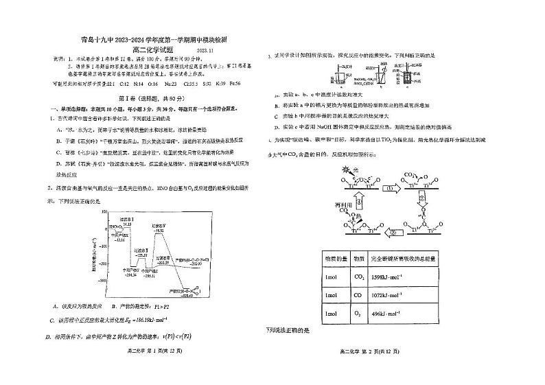 山东省青岛第十九中学2023-2024学年高二上学期期中考试化学试卷01