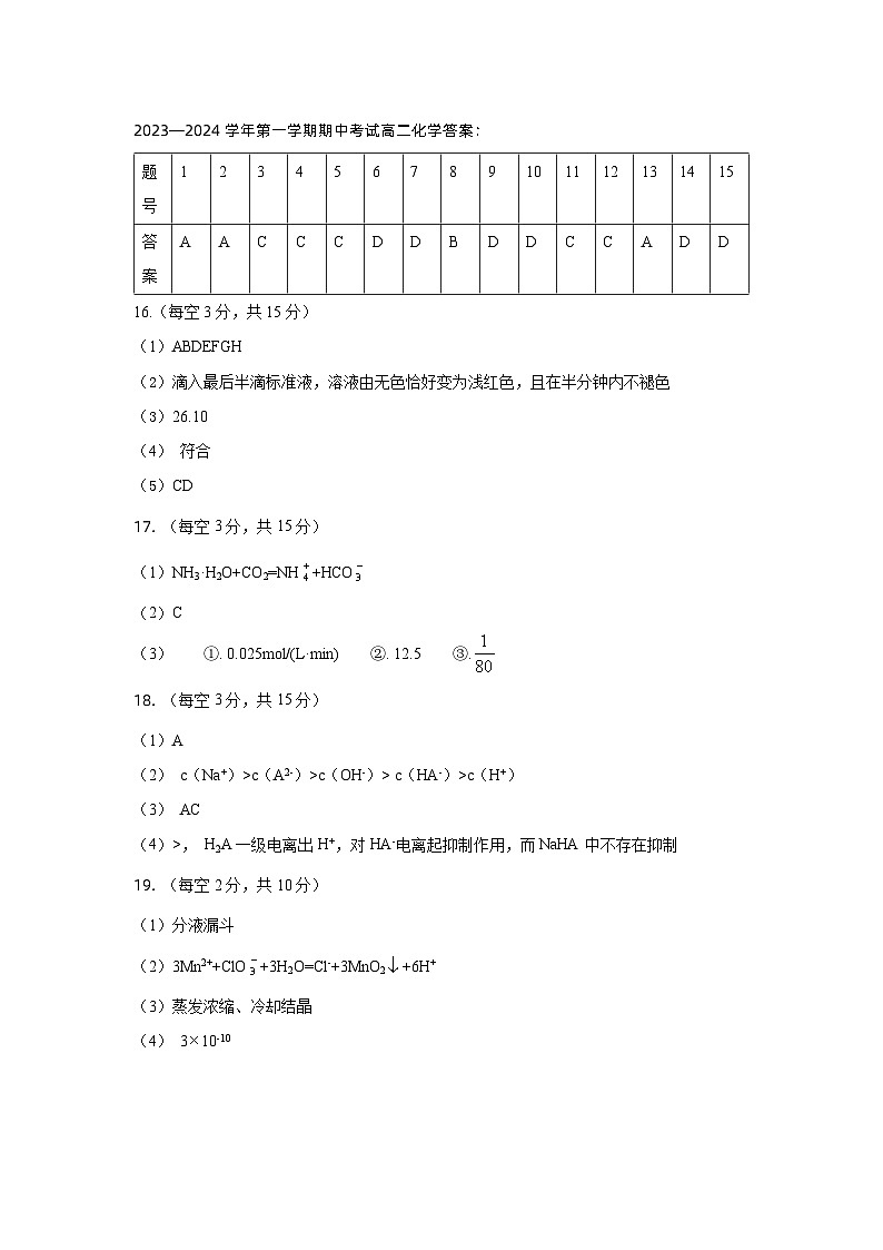 山西省重点中学2023-2024学年高二上学期期中考试化学试题01