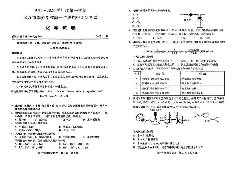 武汉市部分学校2023-2024学年高一上学期11月期中考试化学试题01