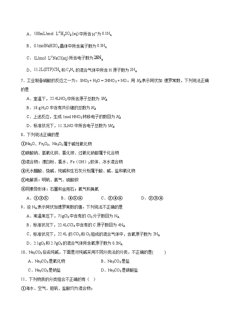 专题1  物质的分类及计量  单元检测题   2023-2024学年高一上学期化学苏教版（2019）必修第一册02