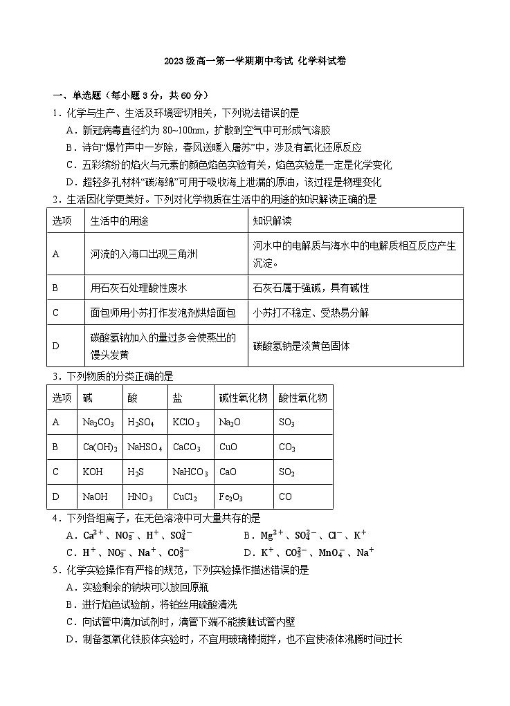 广东省汕头市金山中学2023-2024学年高一化学上学期期中考试试题（Word版附答案）01