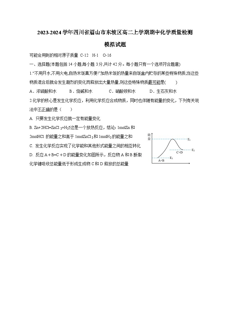 2023-2024学年四川省眉山市东坡区高二上学期期中化学质量检测模拟试题（含解析）01