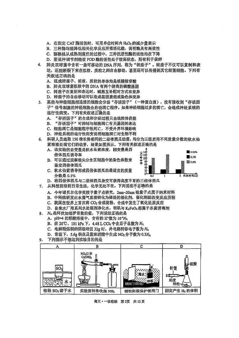 2024泸州高三上学期第一次教学质量诊断性考试理综PDF版含答案（缺化学答案）02