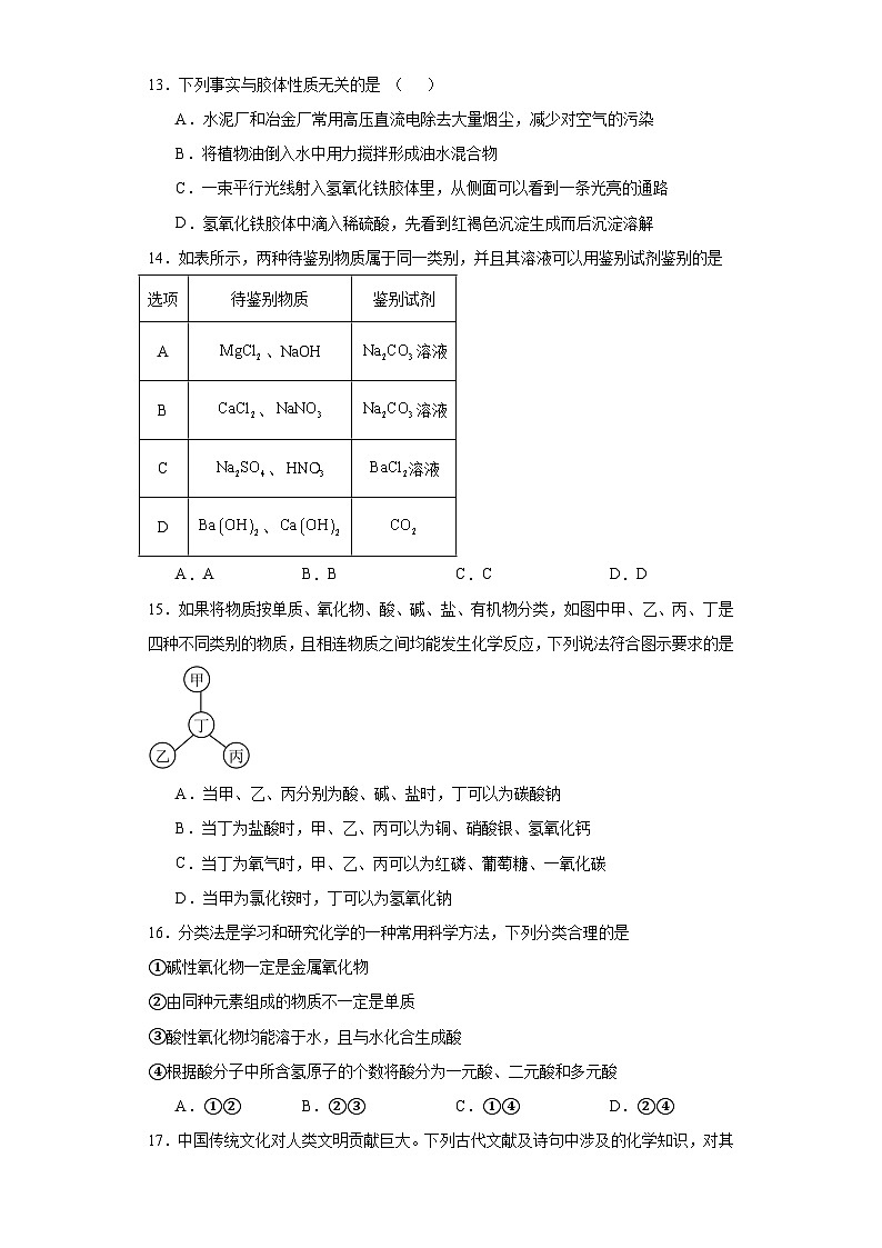 1.1.物质的分类及转化  基础检测题    高中化学人教版（2019）必修第一册第3页
