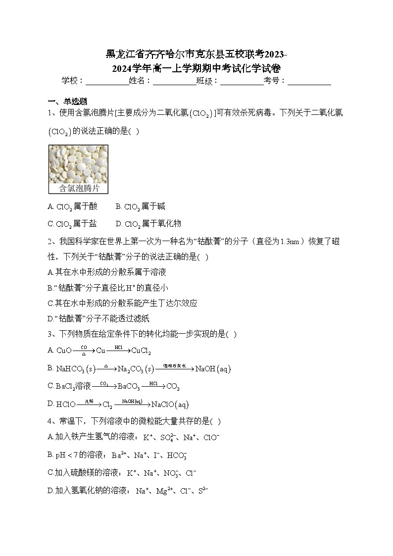 黑龙江省齐齐哈尔市克东县五校联考2023-2024学年高一上学期期中考试化学试卷(含答案)01