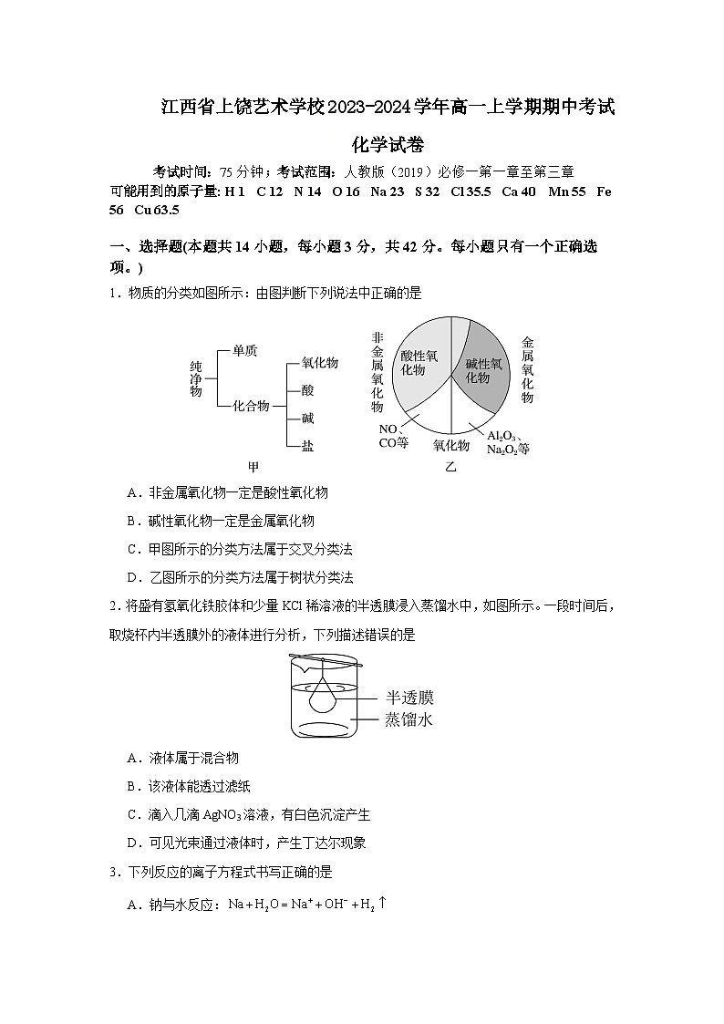 江西省上饶艺术学校2023-2024学年高一上学期期中考试化学试卷01