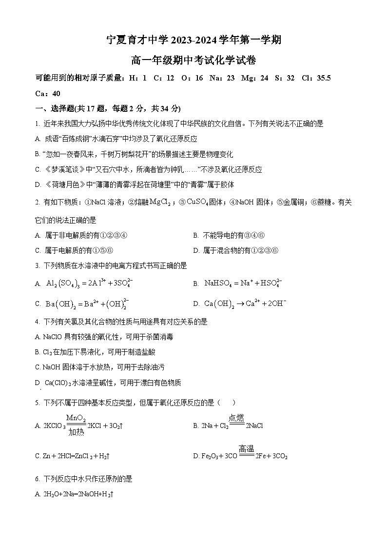 2024回族自治区银川西夏区育才中学高一上学期11月期中化学试题含解析01