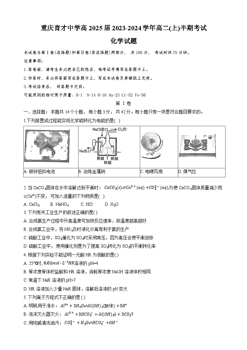 重庆市育才中学2023-2024学年高二上学期期中化学试题（Word版附答案）01
