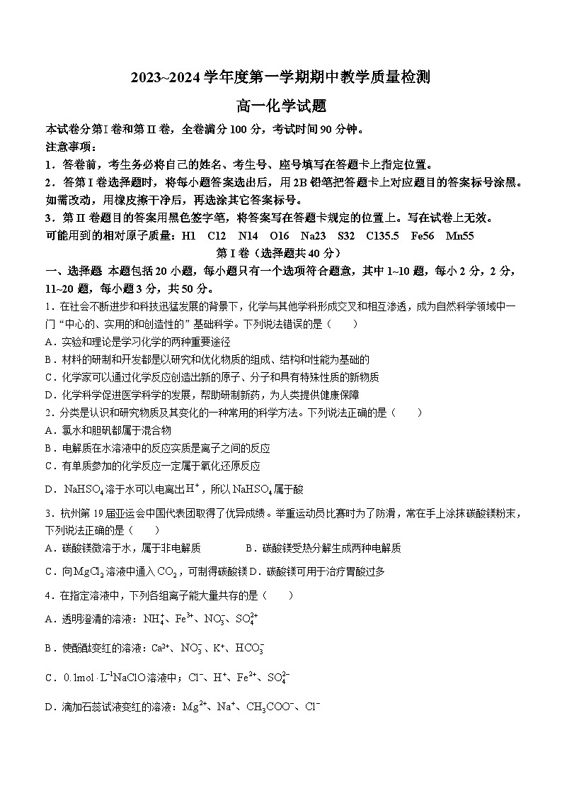 山东省济宁市邹城市2023-2024学年高一上学期11月期中化学试题01