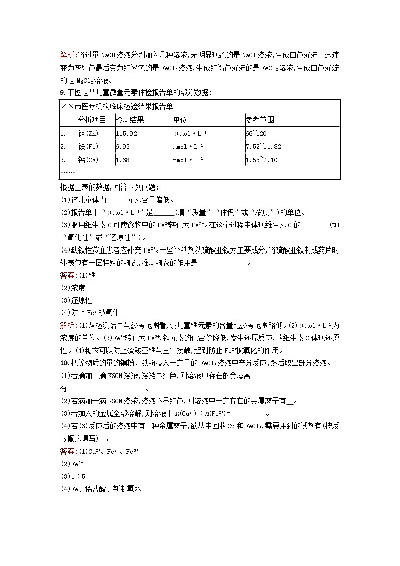浙江专版2023_2024学年新教材高中化学第3章铁金属材料第1节铁及其化合物第2课时铁的氢氧化物铁盐和亚铁盐课后训练新人教版必修第一册第3页