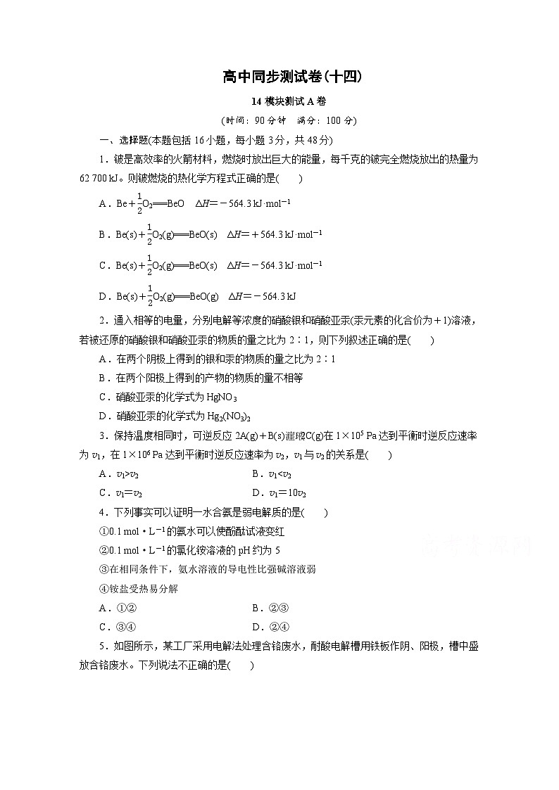 2022年高三化学寒假同步测试：14模块测试A卷 Word版含答案第1页