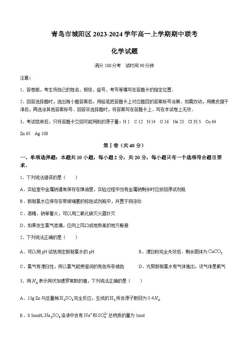 山东省青岛市城阳区2023-2024学年高一上学期期中联考化学试题（含答案）01