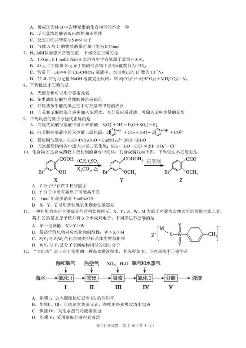 2024浙江省91高中联盟高三上学期期中联考试题化学PDF版含答案02
