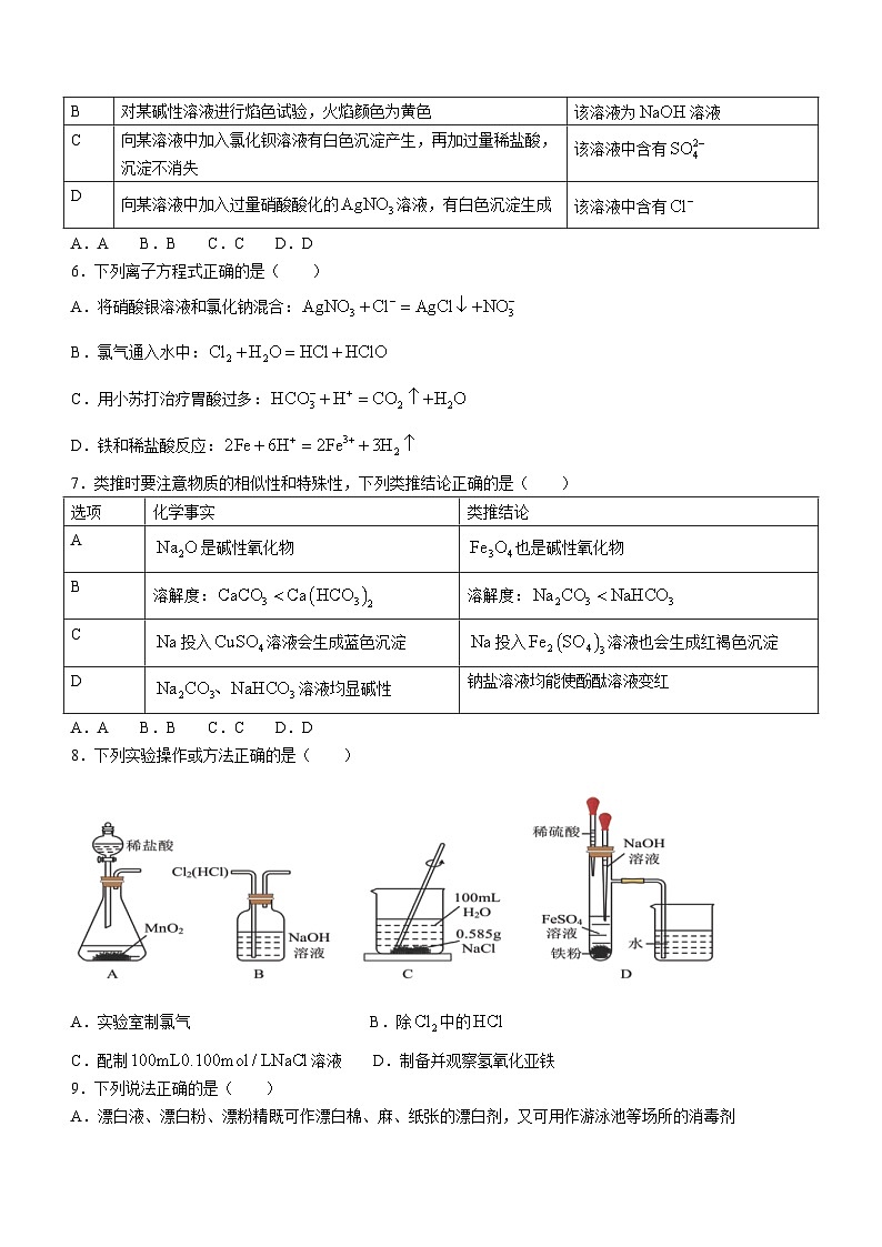 四川省成都七中万达学校2023-2024学年高一上学期11月期中考试化学试题02