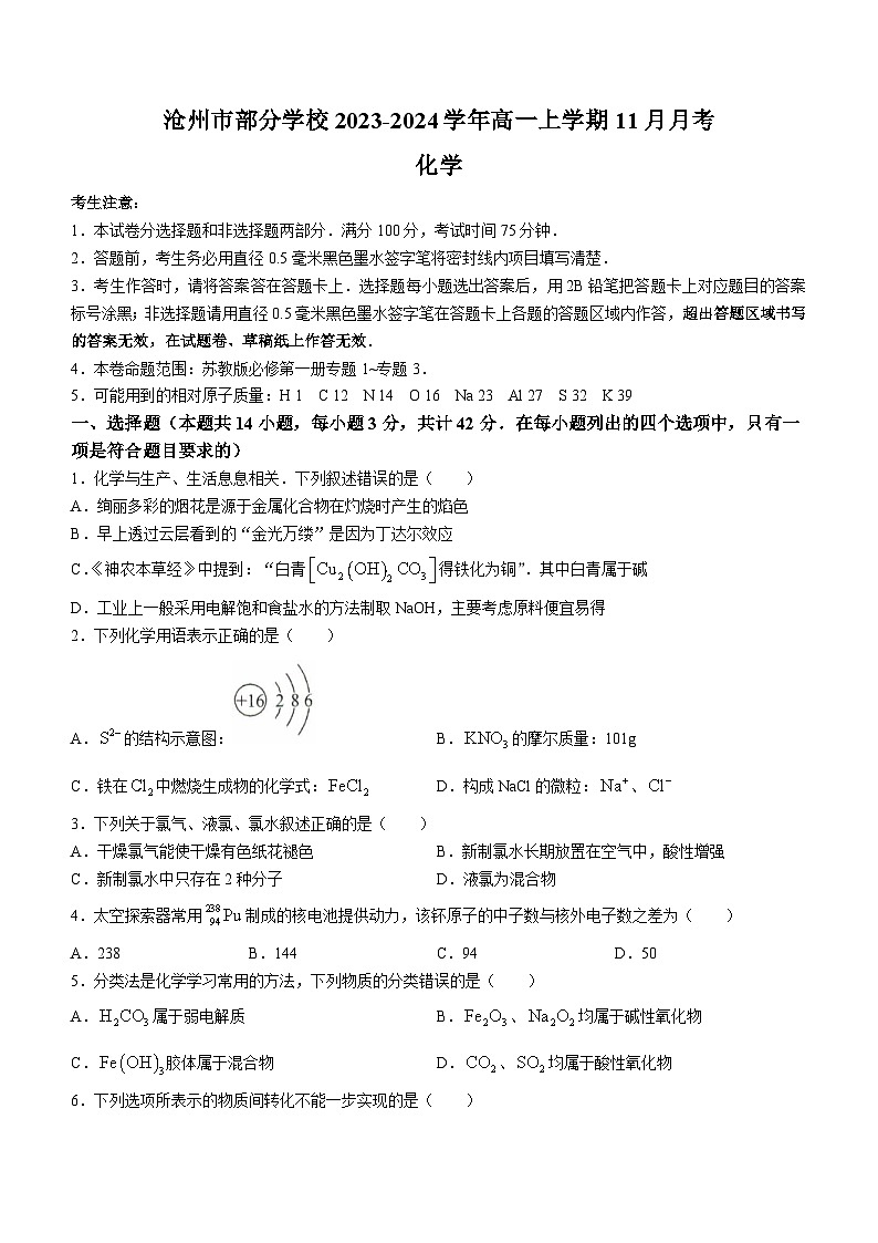 河北省沧州市部分学校2023-2024学年高一上学期11月月考化学试题（含答案）01