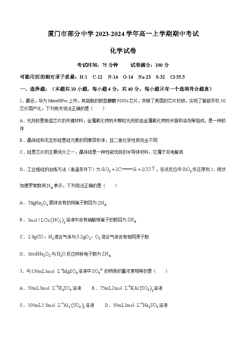 福建省厦门市部分中学2023-2024学年高一上学期期中考试化学试题（含答案）01