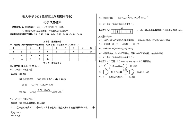 2024省大庆铁人中学高三上学期期中考试化学含答案01