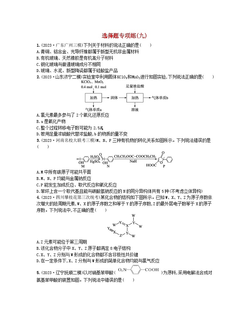 适用于老高考旧教材2024版高考化学二轮复习选择题专项练九（附解析）第1页