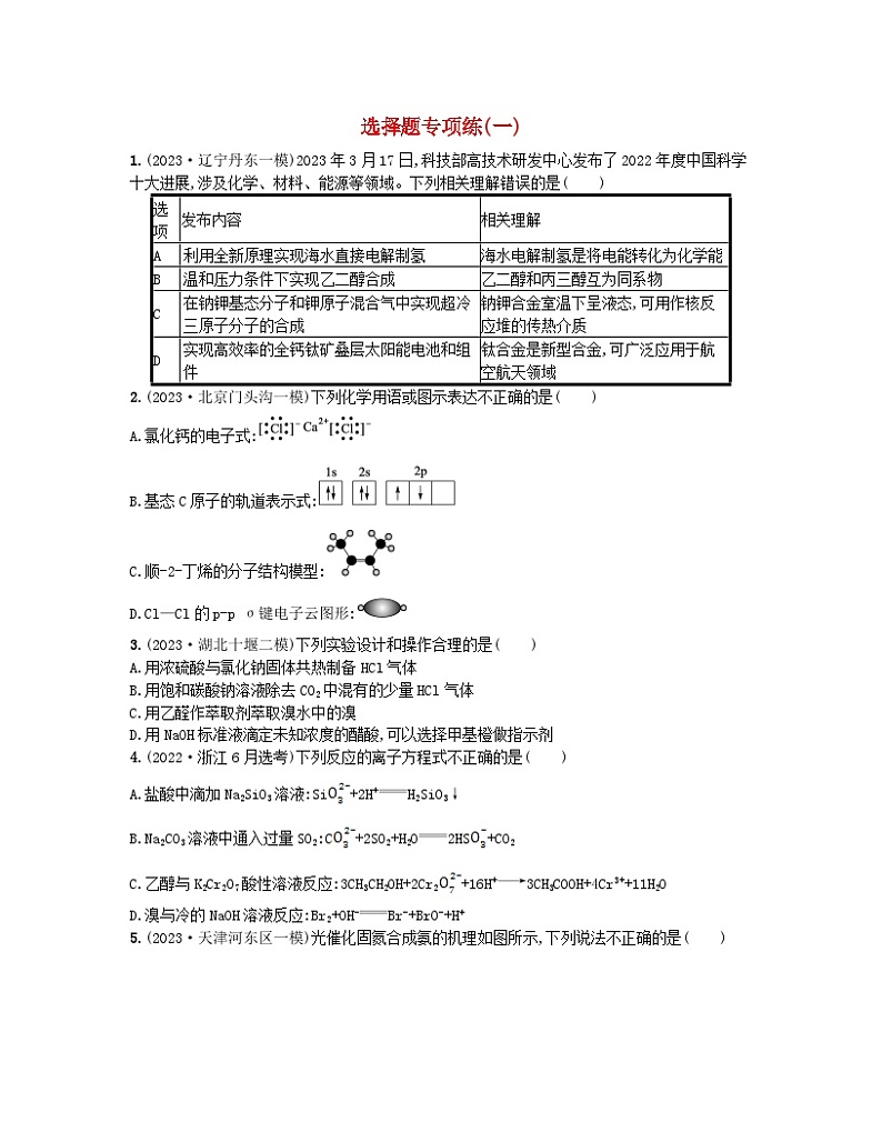 适用于新高考新教材2024版高考化学二轮复习选择题专项练一（附解析）第1页