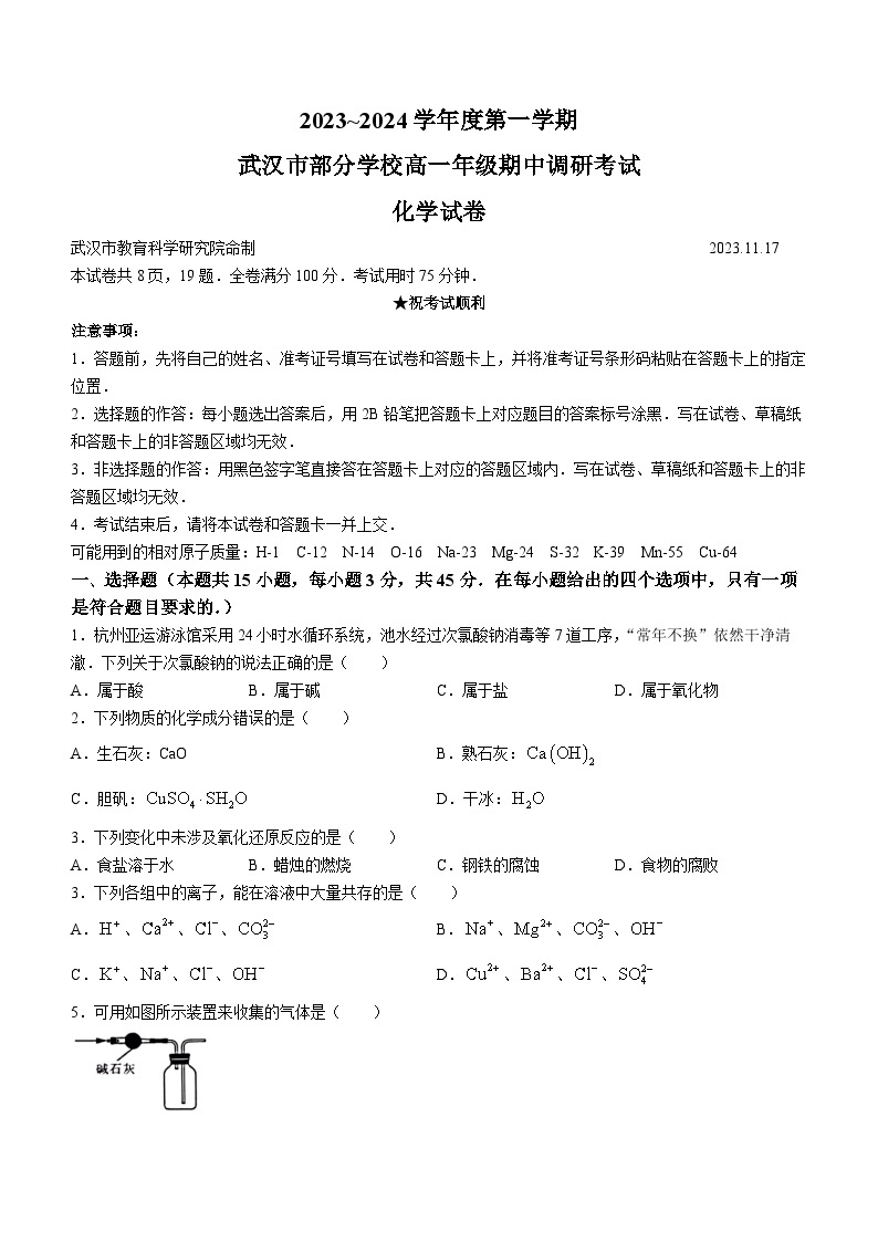 2024武汉部分学校高一上学期期中联考化学试题含答案01