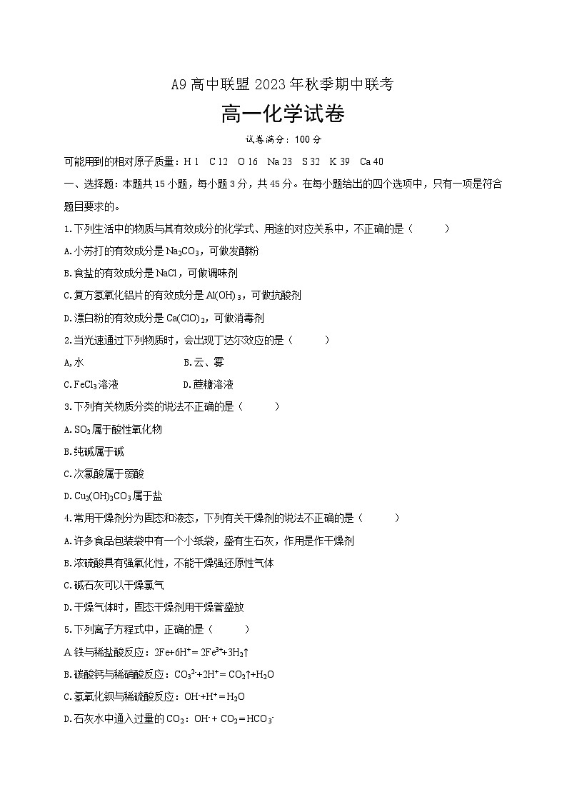 2024湖北省A9高中联盟高一上学期期中联考化学试题含解析01