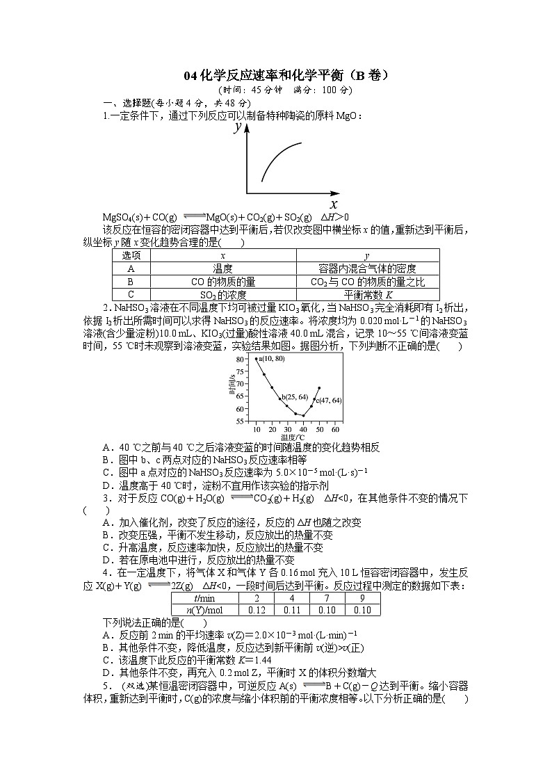2022年高三化学寒假单元测试：04化学反应速率和化学平衡（B卷） Word版含解析01