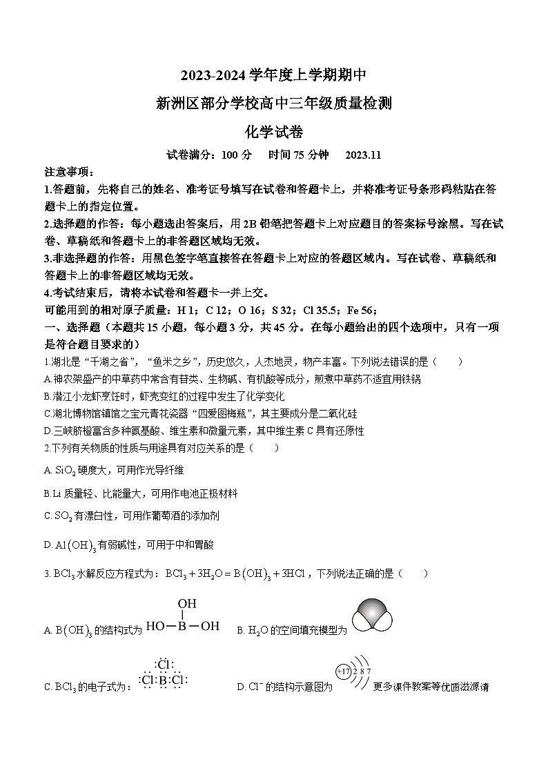 湖北省武汉市新洲区部分学校2023-2024学年高三上学期期中考试化学试题第1页