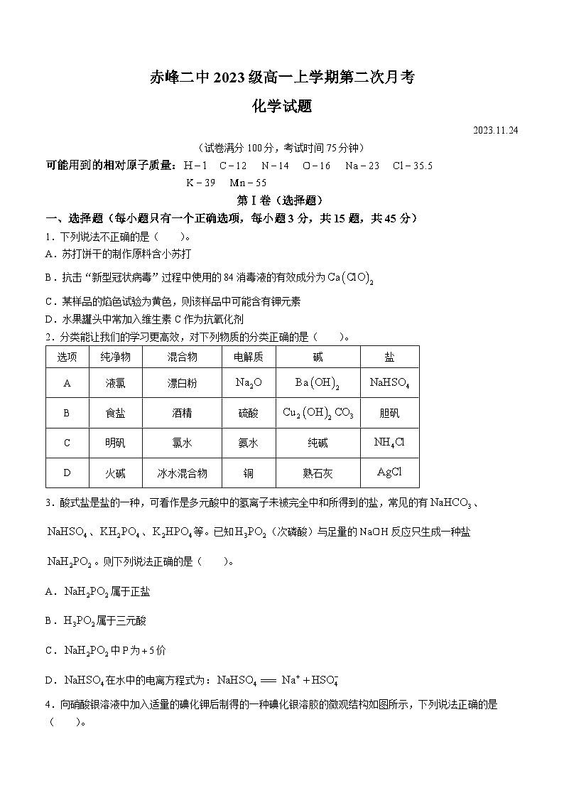 内蒙古赤峰二中2023-2024学年高一上学期第二次月考化学试题01