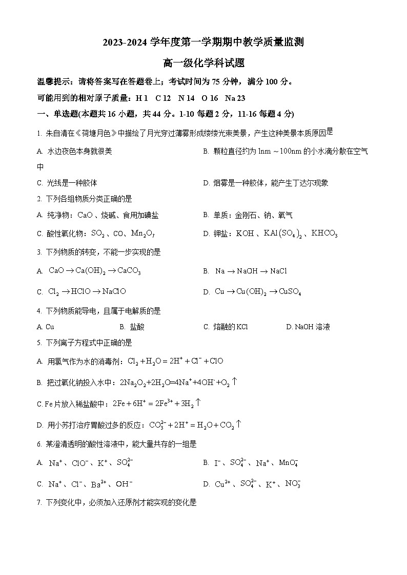 广东省揭阳市揭东区2023-2024学年高一上学期期中化学试题（Word版附解析）01